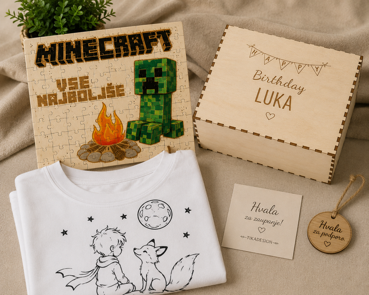 🎁 Minecraft darilni paket za otroke – lesena sestavljanka, personalizirana majčka in darilna škatla